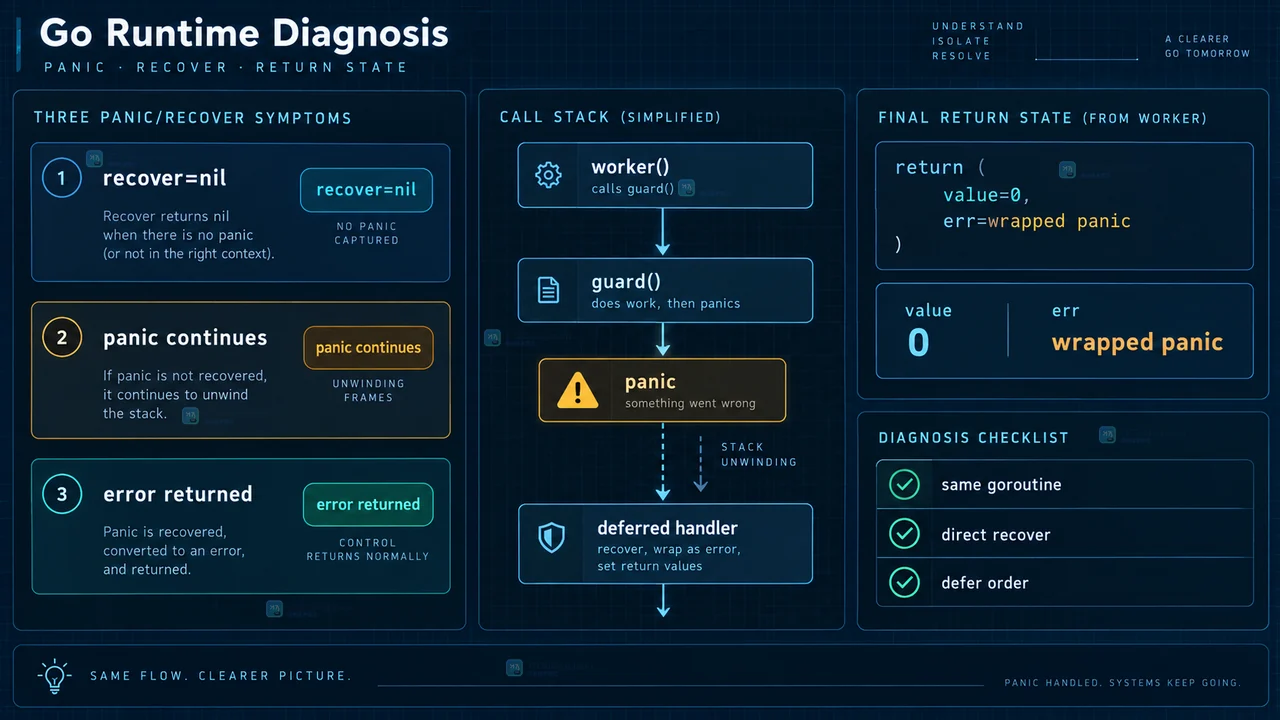 Go panic 恢复状态结果示意图,对照 recover nil、panic 继续和 error 返回三种排查状态