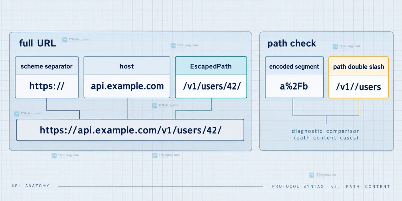 Go URL 将 scheme separator、host 与 EscapedPath 拆开排查路径双斜杠的静态结构示意图