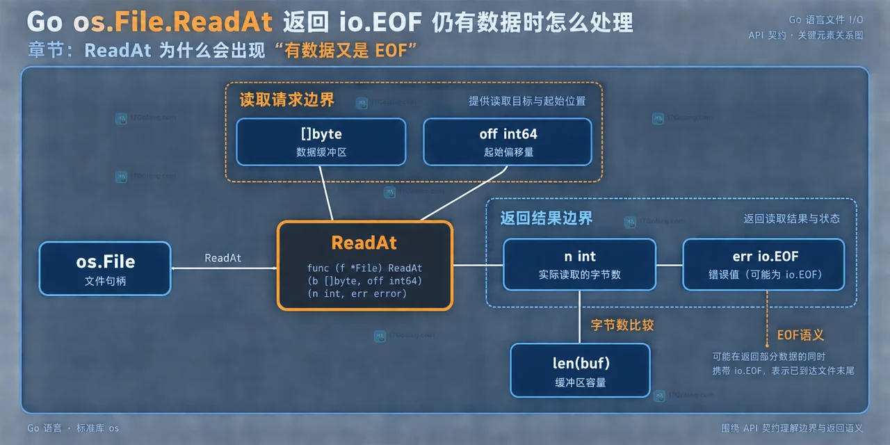 Go 固定记录读取中缓冲区长度、n 等于或小于 len(buf)、io.EOF 与 io.ErrUnexpectedEOF 的静态关系示意图