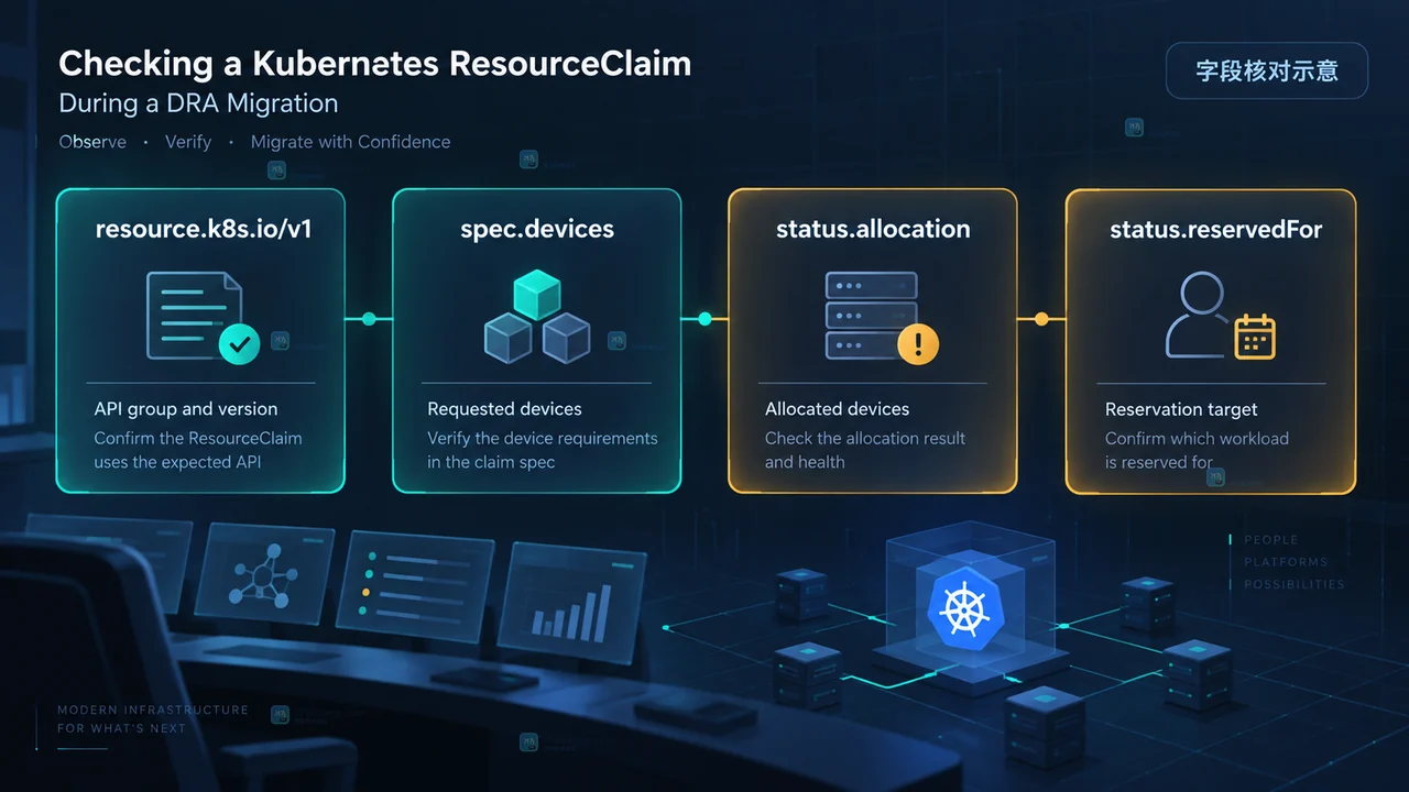 ResourceClaim API spec 和 status 字段核对操作示意图