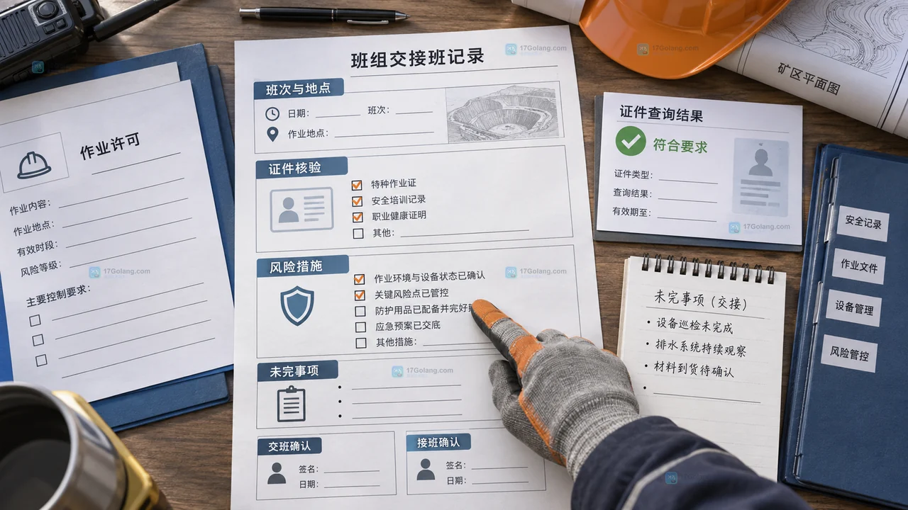 矿山承包商换班交接示意图:人员资质、作业任务、现场风险和未完措施连接到同一班次交接记录