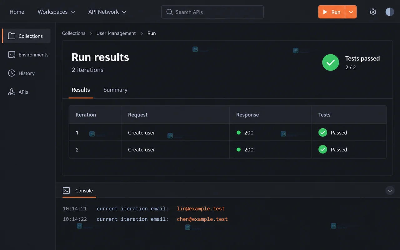 Postman Collection Runner 的 CSV 文件选择操作示意,显示 Functional Local、Iteration data 和 Datafiles