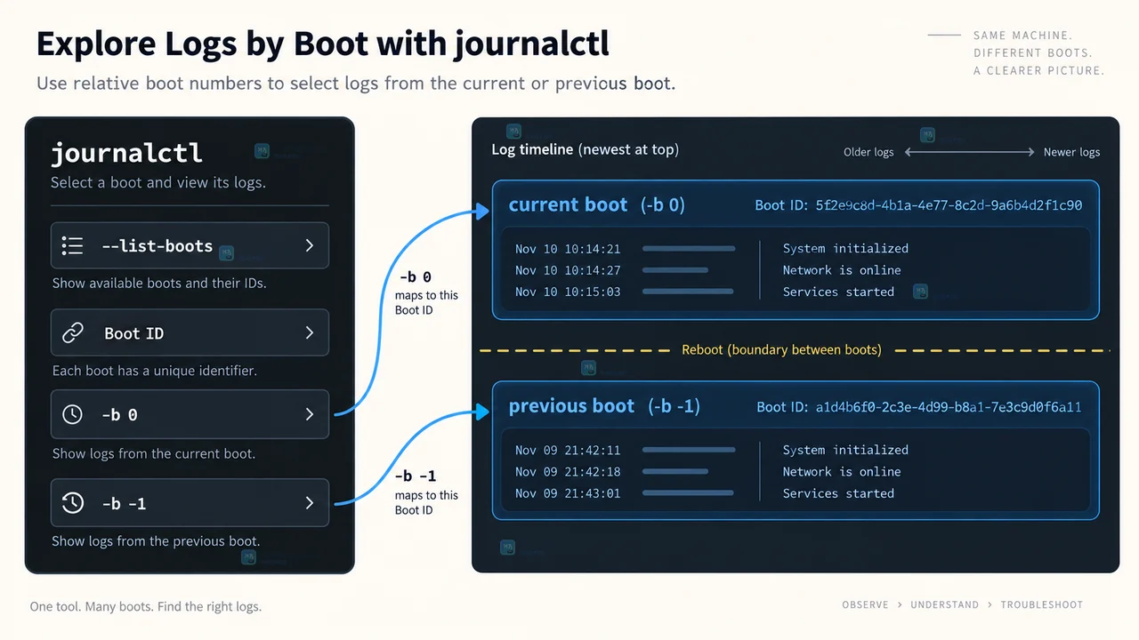 journalctl 结果筛选示意图,展示 Boot ID、服务单元、时间窗口和优先级交集