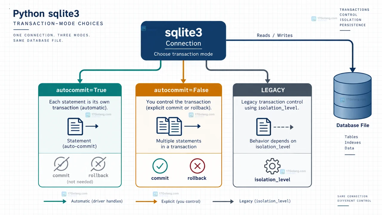 Python sqlite3 autocommit 三种事务模式与 commit rollback 控制关系示意图