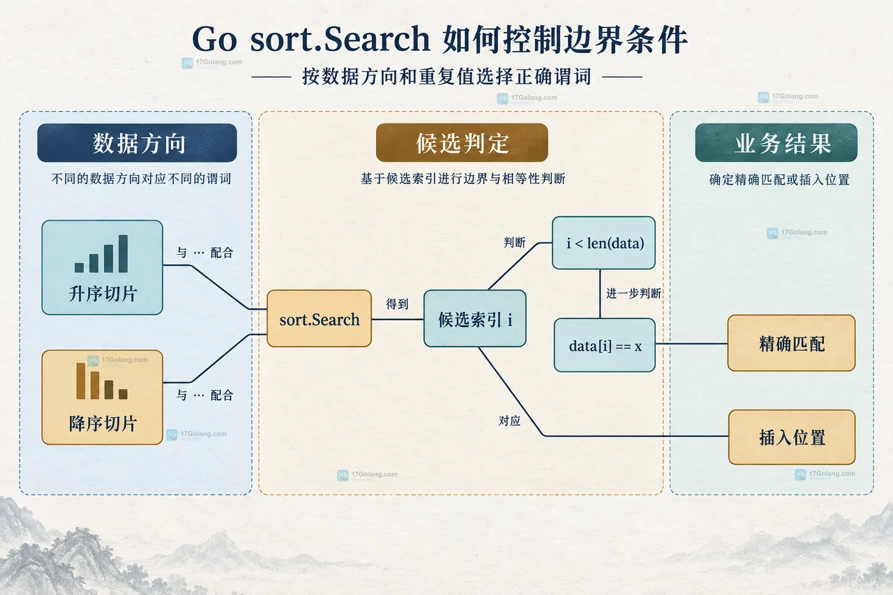 Go sort.Search 结果边界静态技术框图,展示有序切片、候选索引、精确命中与插入位置的关系