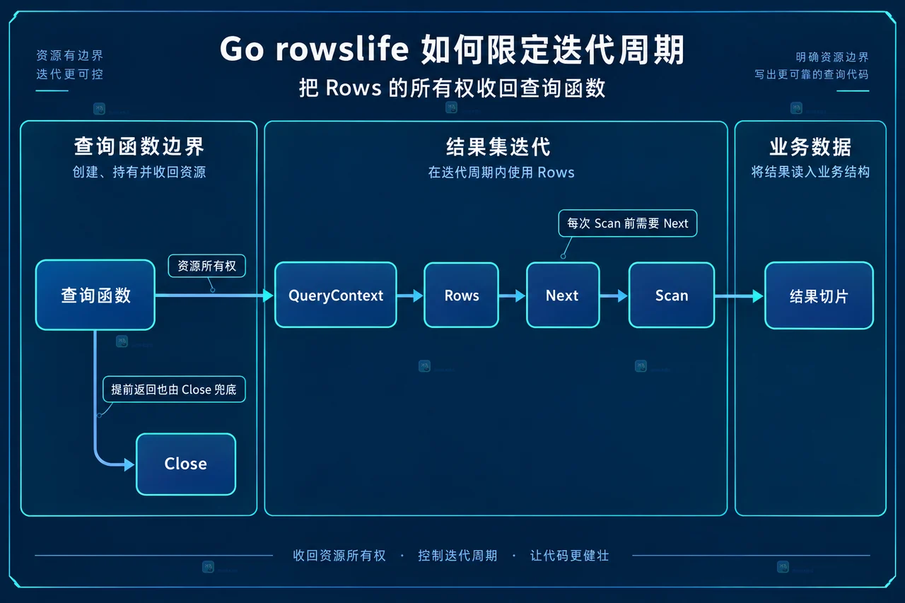 database/sql Rows 生命周期静态关系图,展示查询函数、Rows、Next、Scan 与 Close 的资源边界