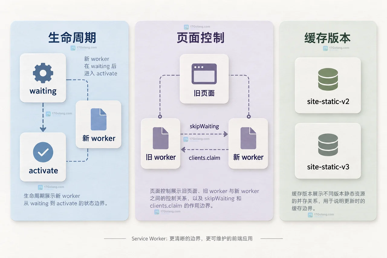 Service Worker install 阶段把 sw.js、CACHE_NAME、PRECACHE_URLS 和 Cache Storage 分层连接的技术示意图