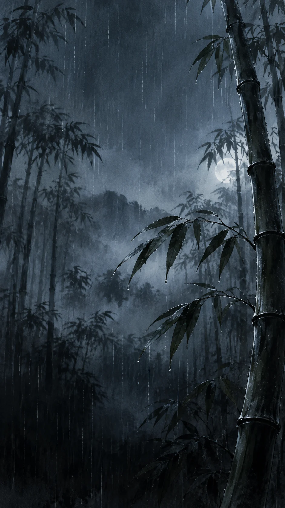 冷青灰夜雨墨竹手机壁纸变体以右侧竹影和月光雾面增加纵向层次