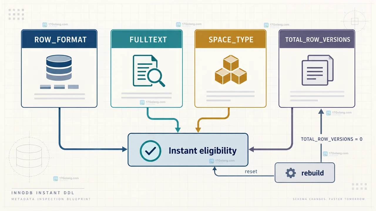 MySQL InnoDB Instant DDL 操作边界示意图,展示 ADD COLUMN、默认值和表重建操作的算法分流