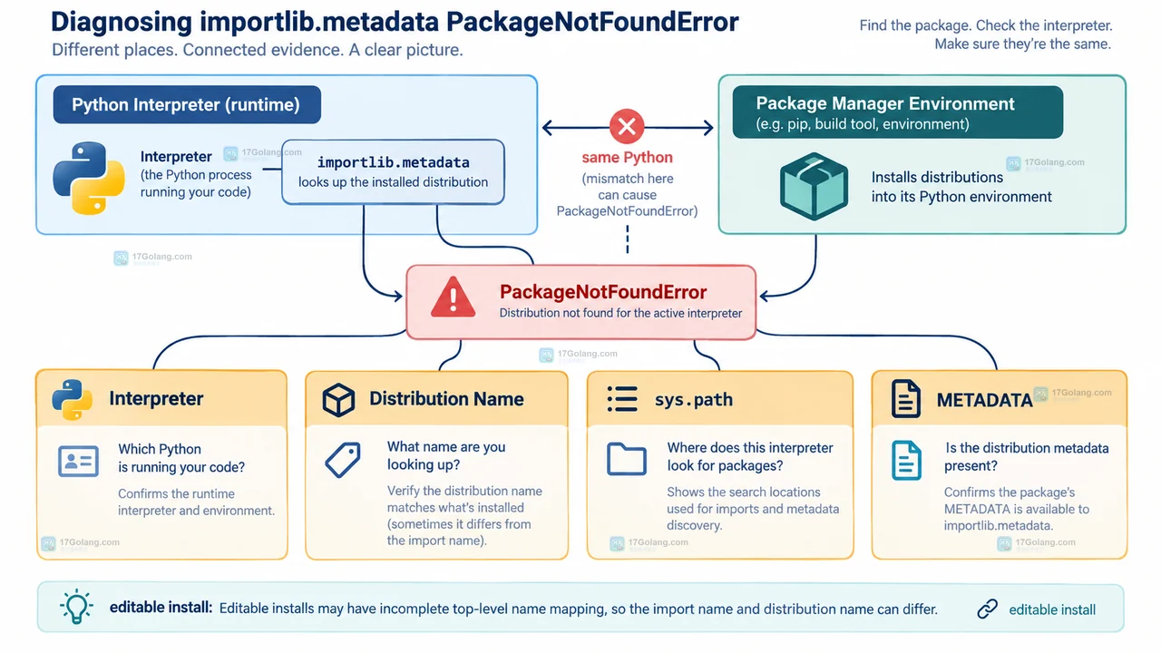 importlib.metadata version 读取 distribution 元数据 Version 字段的关系示意图