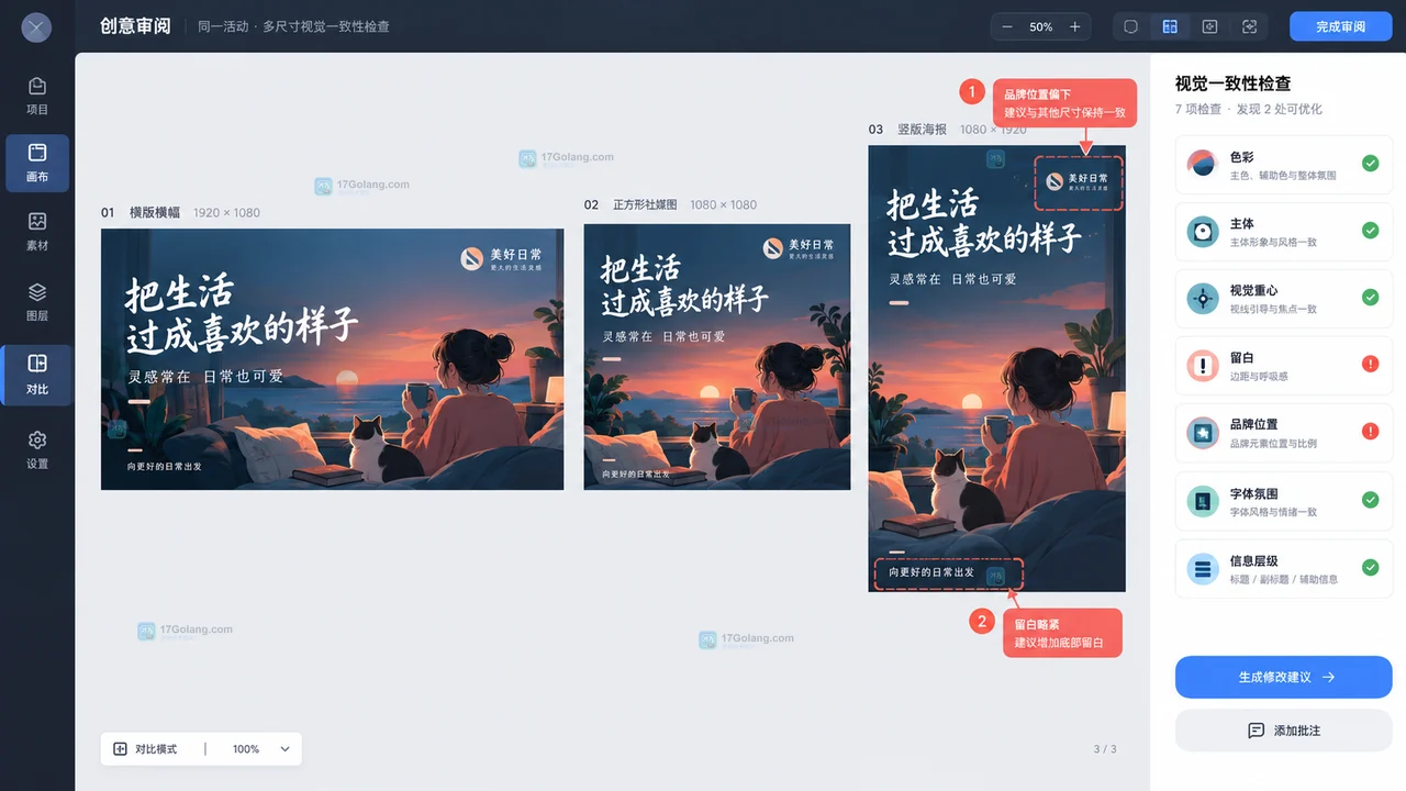 多尺寸活动素材的一致性检查界面