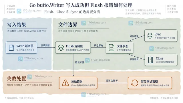 Go bufio.Writer 从业务文本进入内部缓冲区,再连接到底层 io.Writer 和文件资源的静态关系示意图