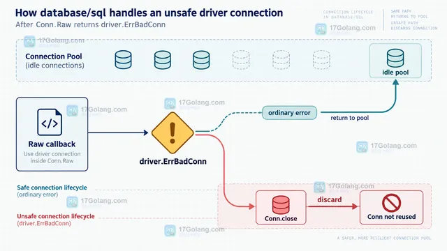 Go sql.Conn.Raw 回调中 driver.Conn 与驱动私有状态的生命周期边界示意图