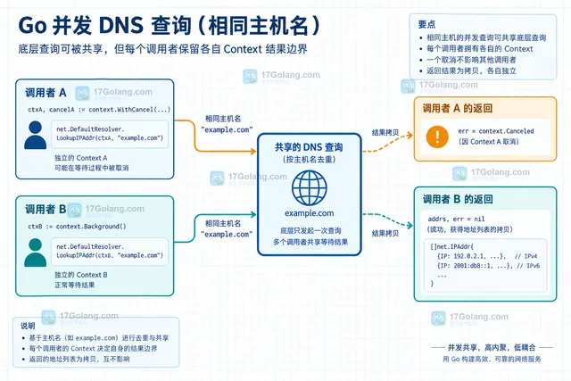 Go Resolver LookupIP 取消分支与成功地址列表替换条件的结构示意图