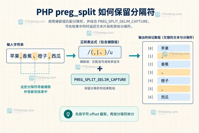 PHP preg_split 捕获中文逗号并让分隔符进入 token 数组的关系示意图