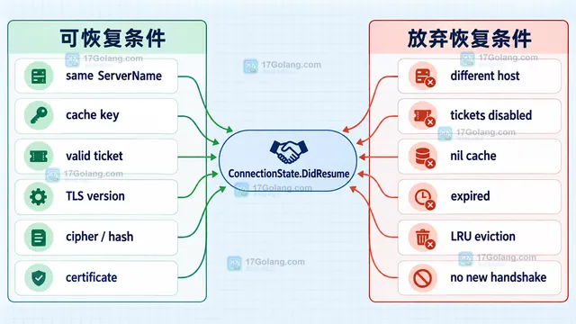 Go tls.Config、ClientSessionCache、缓存键和 DidResume 的 TLS 会话恢复条件结构示意图