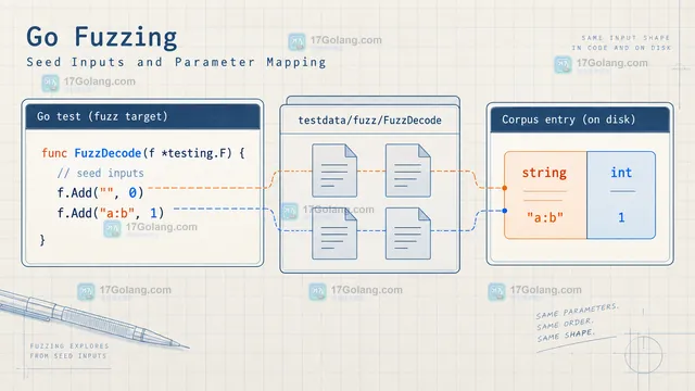 Go fuzzing 的 f.Add 与 testdata/fuzz/FuzzDecode 种子输入结构示意图，展示 string 和 int 参数顺序对应 fuzz 目标