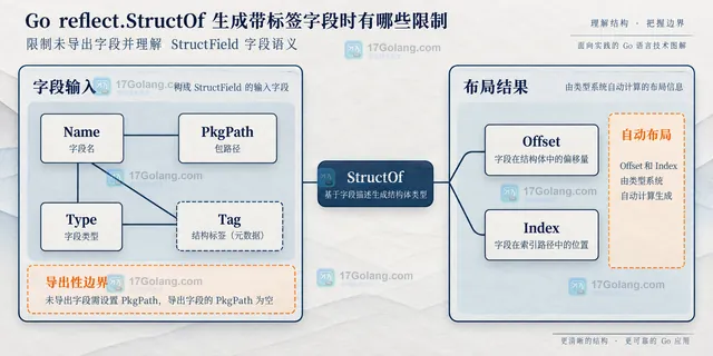 Go 动态结构体中 StructTag Lookup Anonymous 嵌入类型 字段访问与提升方法能力边界示意图