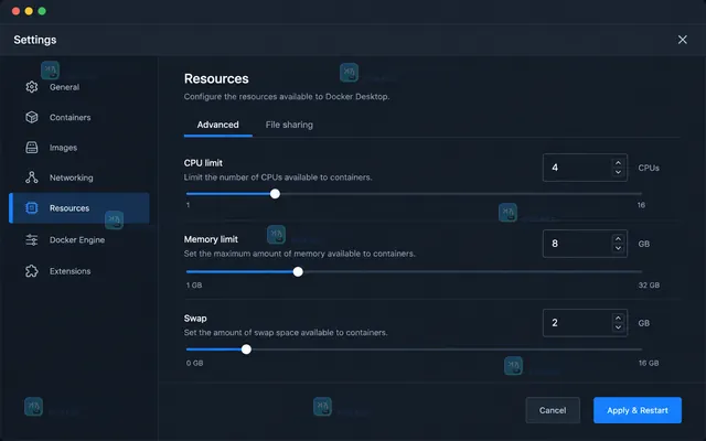 Docker Desktop Containers Stats 面板显示开发容器 CPU 和内存使用状态的结果示意图