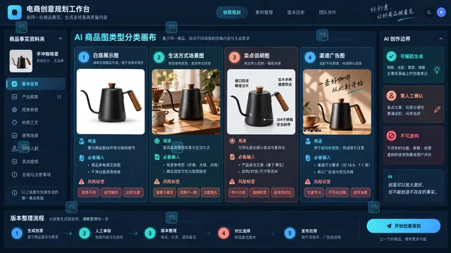 AI商品图类型与用途分类画布示意