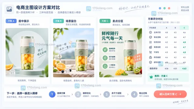 电商主图三版构图草案对比界面示意