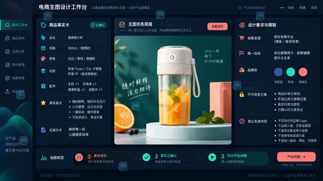 电商主图商品事实卡与任务简报界面示意
