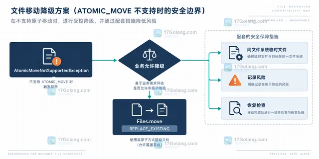 Java Files.move 的 source、target、ATOMIC_MOVE 与 FileSystemProvider 能力关系示意图