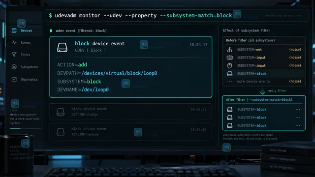 Linux udevadm monitor 双栏示意,左侧 kernel uevent 与右侧 udev 规则处理事件共享 DEVPATH