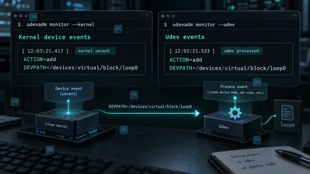 Linux udevadm monitor 使用 property 和 block subsystem 过滤的事件卡片示意