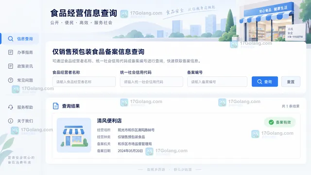 零售食品门店把备案记录、营业执照和门店现状按名称、地址、经营种类、备案编号和备案机关逐行比对的台账示意