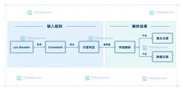 Go CSV 输入协议、Comment 配置、字段数检查和业务处理的静态边界关系示意
