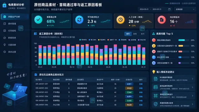 营销素材首稿通过率与返工原因看板示意