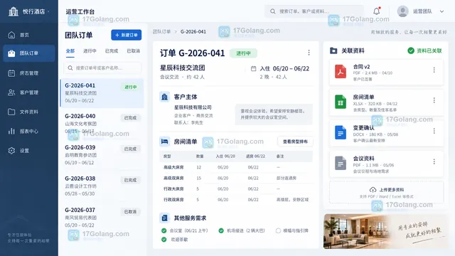 酒店团体预订结算台账示意，展示订金、尾款、电子发票、银行回单和入住交付的对账状态