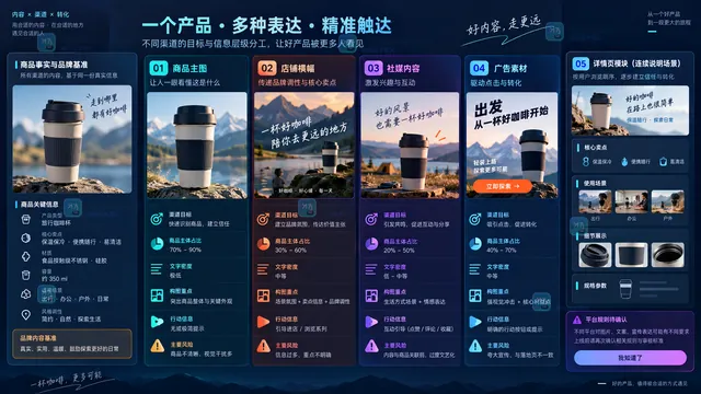 AI营销图不同渠道目标与信息层级分工示意