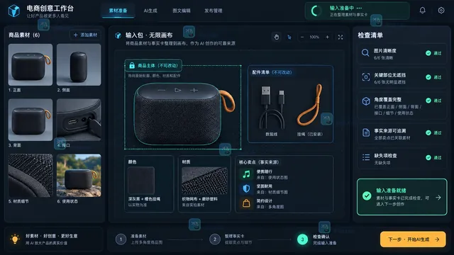 AI营销图商品原图与事实卡准备工作区操作示意