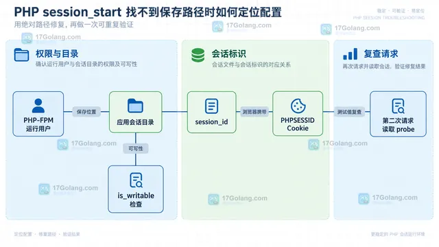 PHP session_start 当前请求、session.save_handler 与 session.save_path 的静态依赖关系示意图