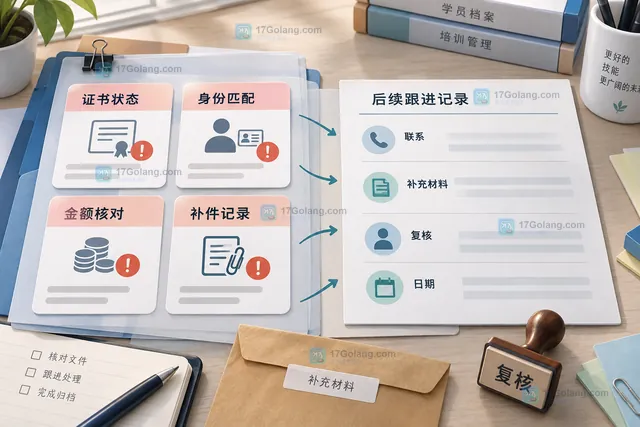 职业培训结业资料中证书状态、身份匹配、金额核对和补件记录的异常登记示意图