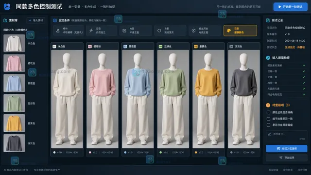 同款多色AI模特图控制变量测试工作台示意
