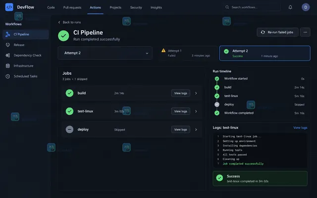 GitHub Actions workflow run 的 Jobs 区域与 Re-run failed jobs 菜单操作示意