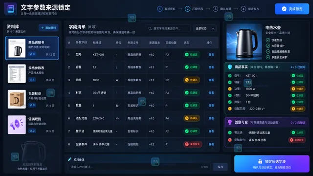 电商AI作图商品文字参数来源锁定与字段清单界面示意
