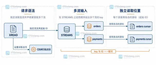 Redis XREAD 返回结构的静态关系图：订单流和支付流各自输出消息集合与最后 ID，再交给应用层按业务键整理