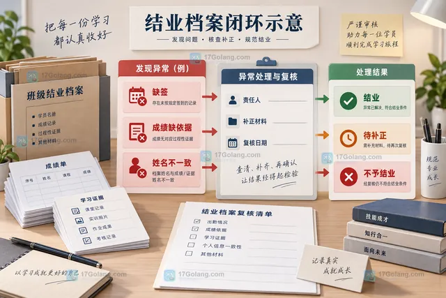 职业培训结业档案出勤核对示意：学员总表连接课表、出勤记录和请假补签字段