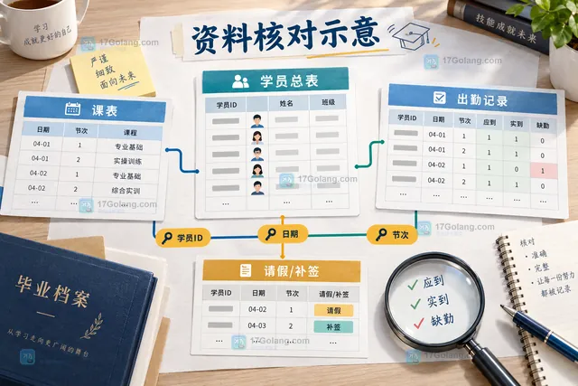 职业培训结业档案异常闭环示意：缺签、成绩缺依据和姓名不一致进入补正复核结论