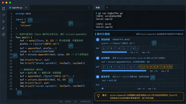 Go strconv.AppendInt 生成 request_id=42 和 cost_ms=18 的日志结果及十进制十六进制对比示意图