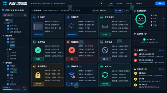 原型页面默认加载空数据成功失败和权限状态覆盖工作台示意