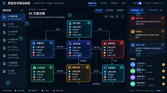 原型页面动作状态数据对象依赖与待确认假设映射工作台示意