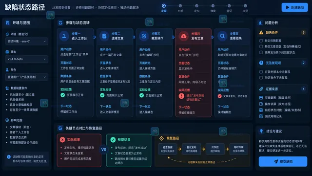 交互缺陷前置条件操作步骤页面状态实际结果与预期结果路径示意