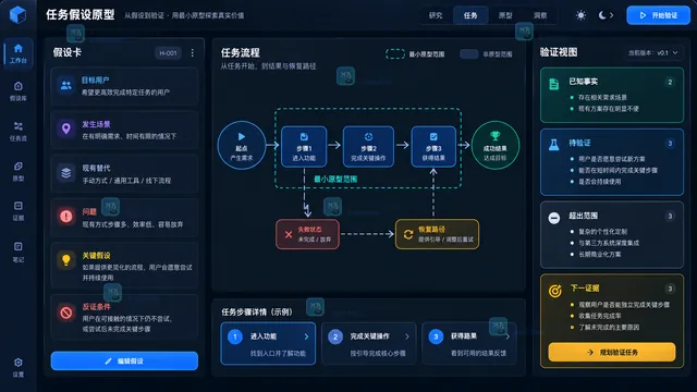 创业产品目标用户问题关键假设核心任务与最小原型范围工作台示意