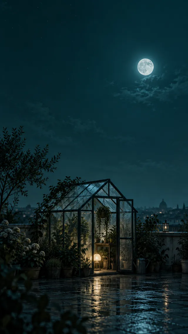 午夜蓝月光下的玻璃温室手机壁纸，暖灯位于下方视觉中心并保留顶部锁屏留白