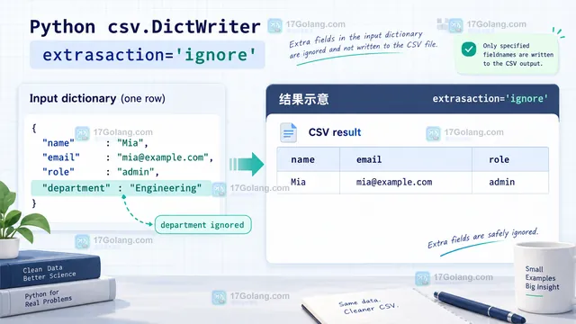 Python csv.DictWriter 配置输入操作示意,展示 fieldnames、restval 和默认 extrasaction raise